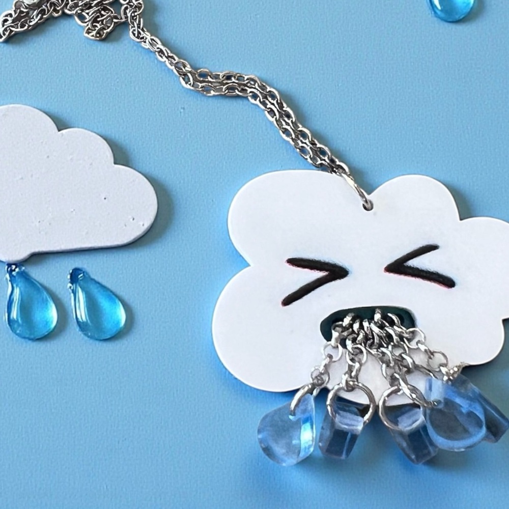 Super Unique and Cute Cloud Necklace with Blue Raindrops